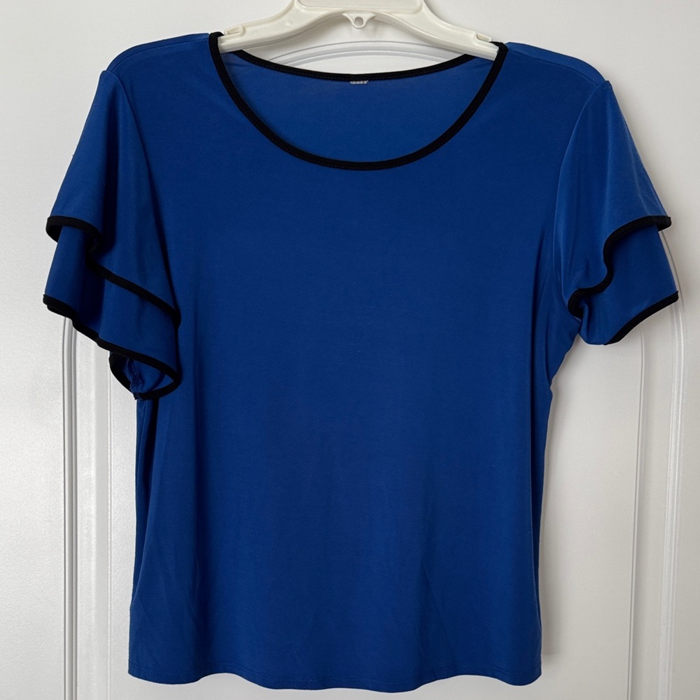 Chic Blue Blouse with Black Accents and Ruffle Sleeves